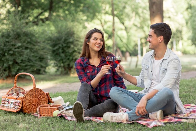 Klirrende Weingläser der reizenden Paare am Picknick