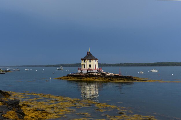 Knabbern Sie auf einem Felsen direkt vor der Küste von Bustin's Island in Maine.