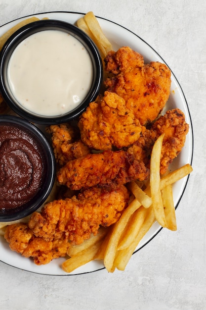 Knochenloses Huhn mit Pommes-Draufsicht