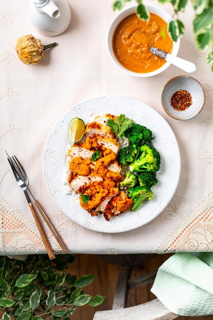 Knusprige Hühnerkotlette mit Katsu-Sauce mit weißem Reis und Brokkoli auf einem Steintisch