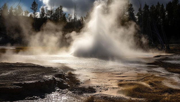 Kochender Geysir versprüht Flüssigkeit in extremem Gelände, das von der KI erzeugt wird