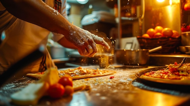 Kostenloses Foto köche lecken pizza mit käse und bereiten pizza in einem alten café im stadtzentrum zu