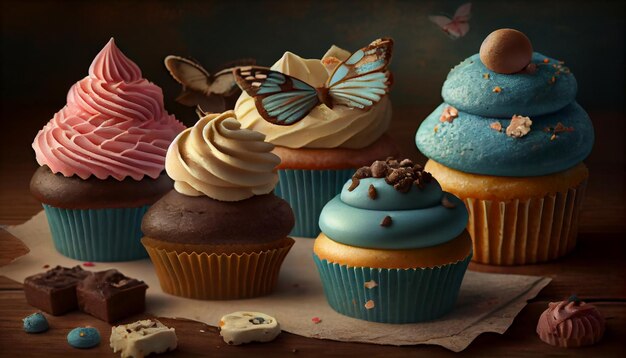 Kostenloses Foto köstliche cupcakes mit schokoladenglasur auf holzhintergrund, generiert von ai