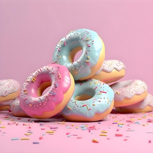 Köstliche Donuts mit Sprinkles auf rosa Hintergrund 3D-Rendering