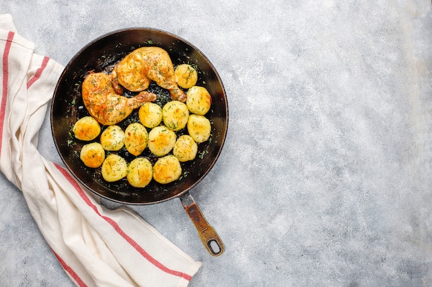 Kostenloses Foto köstliche geröstete junge kartoffeln mit dill und huhn, draufsicht