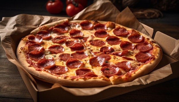 Köstliche hausgemachte Pizza auf rustikalem Holztisch, generiert von AI