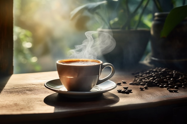 Köstliche Kaffeetasse mit Pflanzen