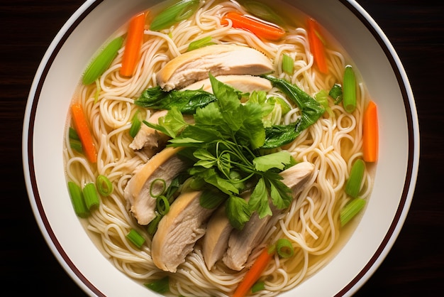 Köstliche Ramen von oben auf dem Tisch