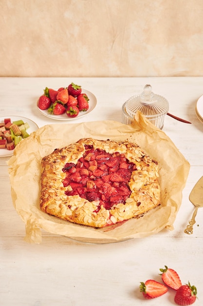 Köstliche Rhabarber-Erdbeer-Gallate-Kuchen mit Zutaten auf einem weißen Tisch