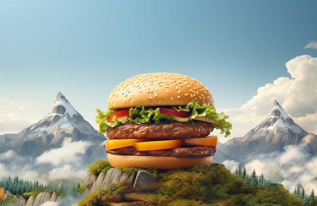 Kostenloses Foto köstlicher 3d-burger mit berglandschaft