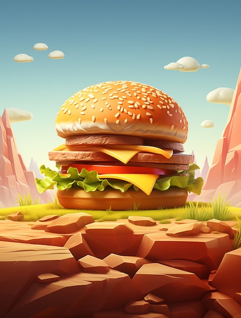Köstlicher 3D-Burger mit Berglandschaft
