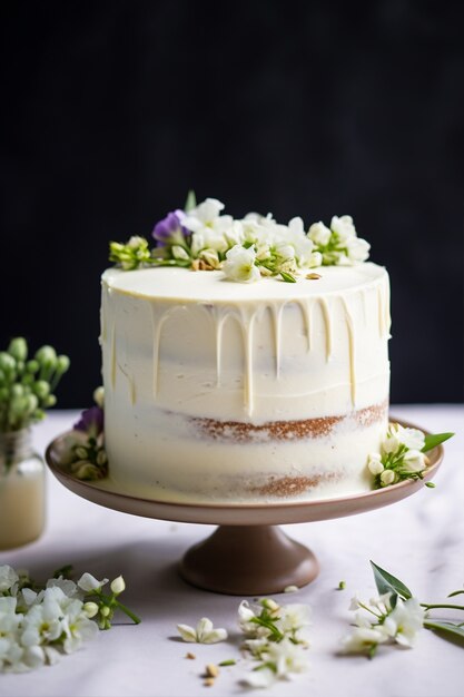 Köstlicher Kuchen mit Blumen auf dem Ständer