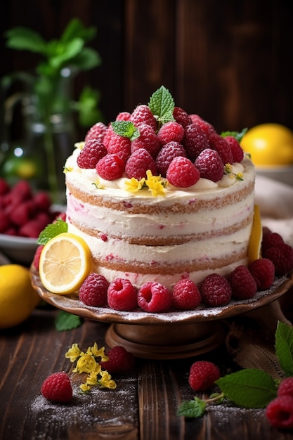 Köstlicher Kuchen mit Himbeeren