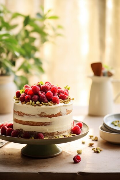 Köstlicher Kuchen mit Himbeeren