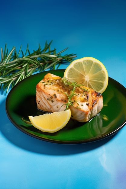 Köstlicher Mahi-Mahi-Fisch aus der Vogelperspektive mit Zitrone