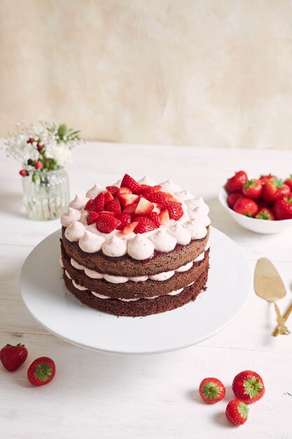 Köstlicher und süßer Kuchen mit Erdbeeren und Baiser auf einem Teller