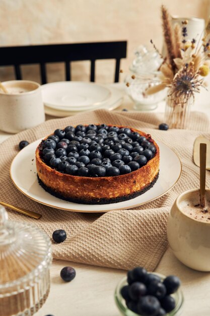 Köstlicher veganer Joghurt-Heidelbeerkuchen mit Kaffeetisch auf einem weißen Tisch