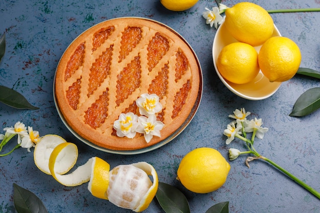 Köstlicher Zitronenkuchen mit frischen Zitronen, Draufsicht