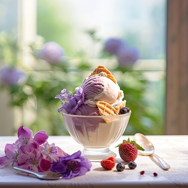 Köstliches Eis mit Blumenarrangement