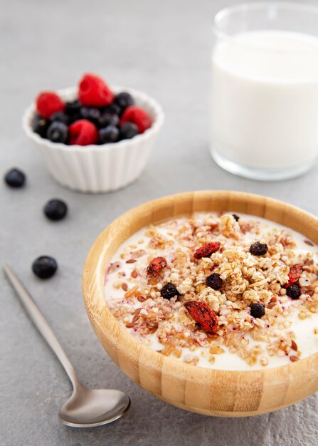 Köstliches Getreide und Joghurt mit hoher Sicht auf Waldfrüchte