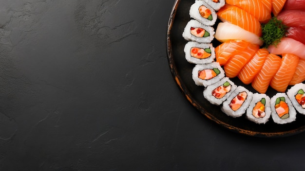 Köstliches Sushi der Draufsicht mit Kopienraum