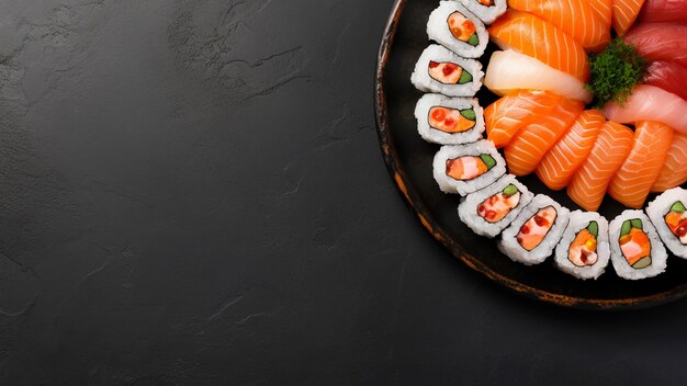 Köstliches Sushi der Draufsicht mit Kopienraum