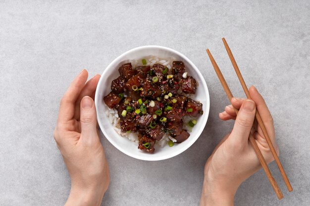 Köstliches weißes Thunfischrezept Stillleben von oben