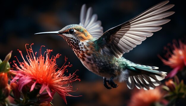 Kolibri fliegt mit ausgebreiteten Flügeln und bestäubt Blumen, die durch künstliche Intelligenz erzeugte natürliche Schönheit zur Schau stellen