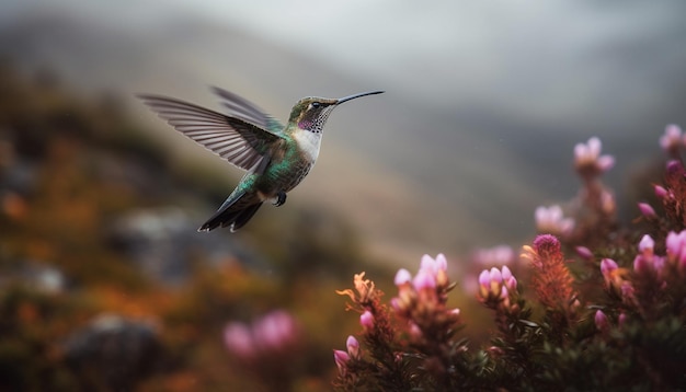 Kolibri schwebt, bestäubt und breitet Flügel in der Luft aus, erzeugt durch KI