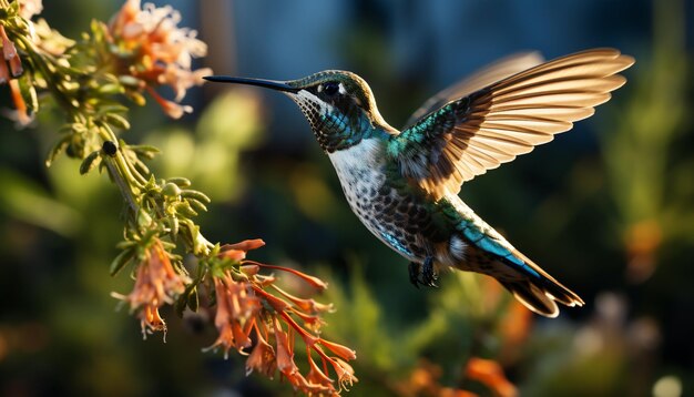 Kolibri schwebt mit ausgebreiteten Flügeln und bestäubt Blumen in lebendiger Natur, erzeugt durch künstliche Intelligenz