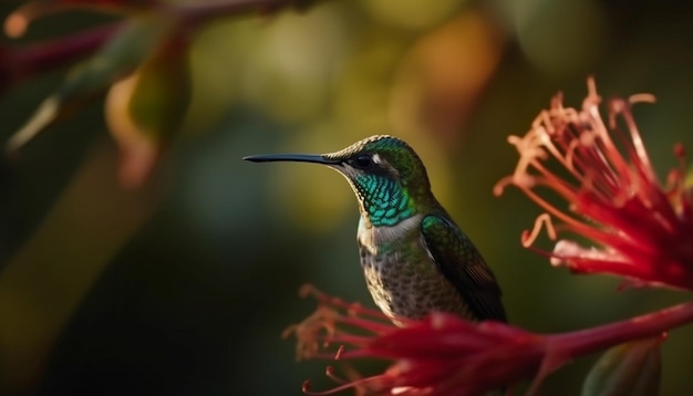 Kostenloses Foto kolibri sitzt auf einem ast, dessen schillernde federn durch ki erzeugt werden