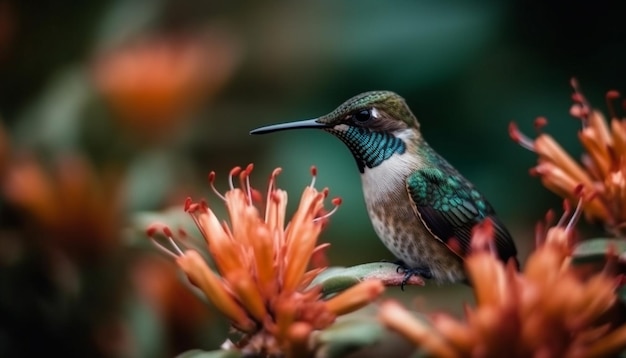 Kolibri sitzt auf einem Ast und ernährt sich von leuchtend violetten Blüten, die von der KI erzeugt wurden