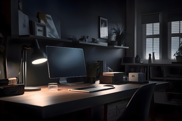 Kostenloses Foto komfortabler arbeitsplatz mit computer auf dem tisch in der nacht 3d-render