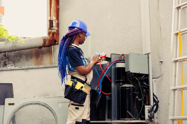 Kostenloses Foto kompetenter mechaniker beginnt mit der routinemäßigen wartung des kondensators und montiert einen satz wechselstrom-vakuumpumpen. geschulter fachmann zum lesen des drucks von flüssigkeiten und gasen in hvac-systemen