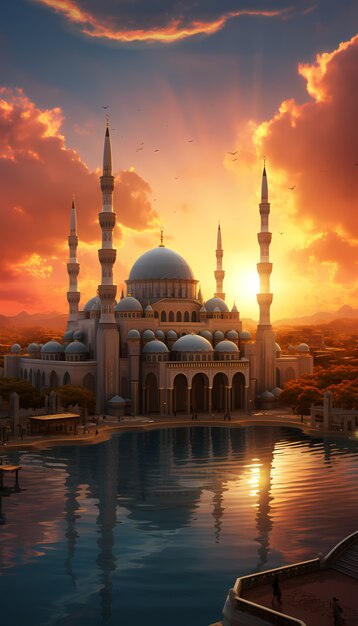 Komplizierte Moschee-Gebäude und -Architektur mit Wolken, Landschaft und Himmel