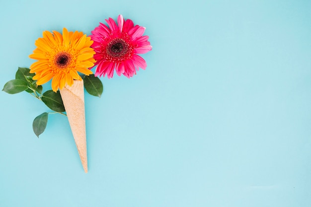 Komponierte Gerbera-Blüten in Waffel