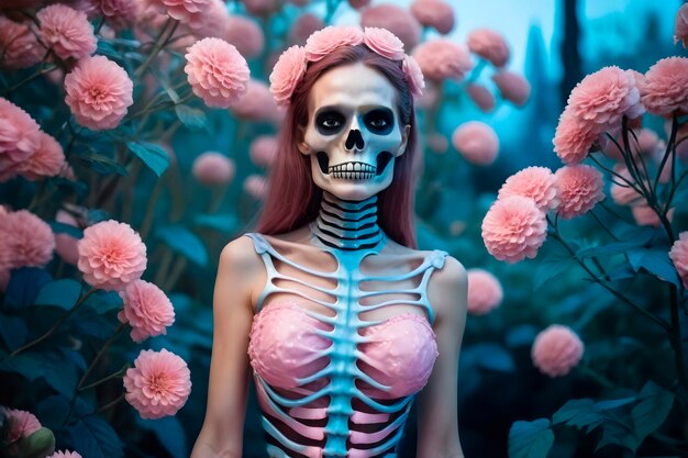 Komposition mit Porträt eines weiblichen Skeletts