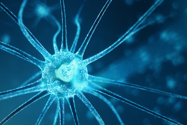 Konzeptionelle darstellung von neuronenzellen mit leuchtenden verbindungsknoten. neuronen im gehirn mit fokuseffekt. synapsen- und neuronenzellen senden elektrische chemische signale. 3d-illustration