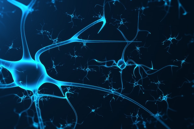 Konzeptionelle darstellung von neuronenzellen mit leuchtenden verbindungsknoten. synapsen- und neuronenzellen senden elektrische chemische signale. neuron miteinander verbundener neuronen mit elektrischen impulsen, 3d-rendering