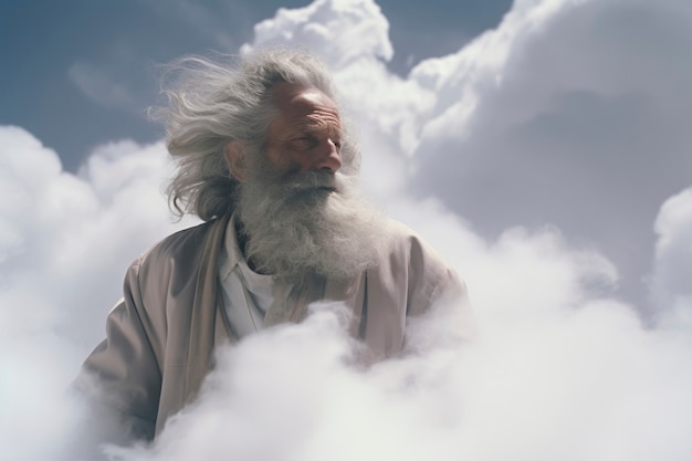 Konzeptuelle Szene mit Menschen am Himmel, umgeben von Wolken mit traumhaftem Gefühl