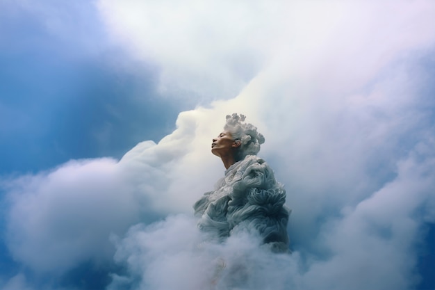 Konzeptuelle Szene mit Menschen am Himmel, umgeben von Wolken mit traumhaftem Gefühl