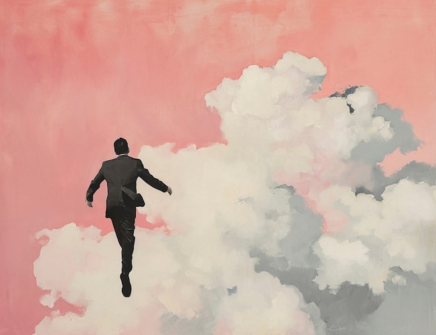 Konzeptuelle Szene mit Menschen, die durch die Wolken laufen