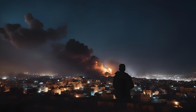 Kostenloses Foto konzeptuelles bild eines mannes, der vor der von feuer zerstörten stadt steht
