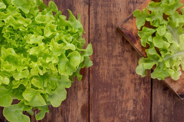 Kopfsalat, der auf einen braunen Bretterboden gesetzt wird.