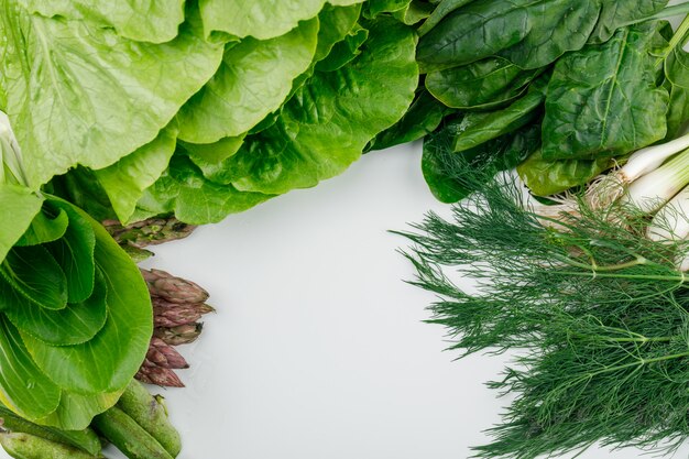 Kopfsalat mit Spinat, Spargel, Sauerampfer, Frühlingszwiebeln und Schoten, Dill-Hochwinkelansicht auf einer weißen Wand