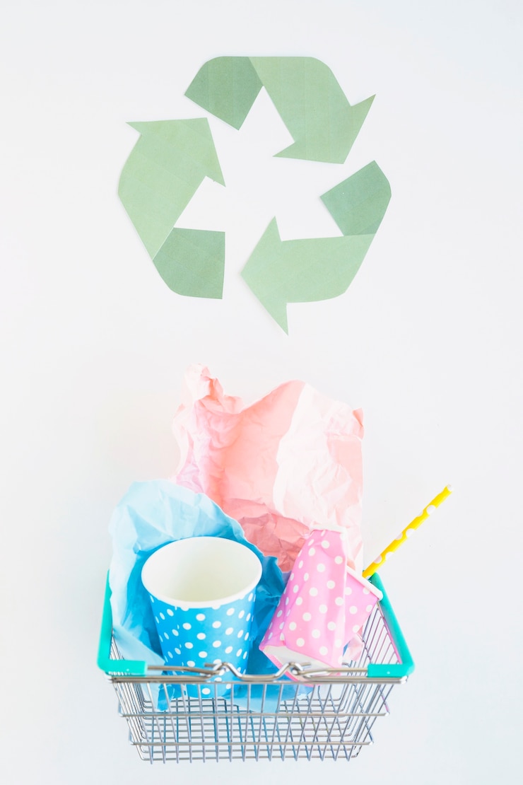 Kostenlose Foto korb mit papiermüll und recycling-logo