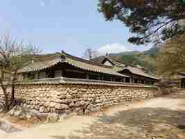 Kostenloses Foto koreanisches gebäude, umgeben von bergen unter blauem himmel