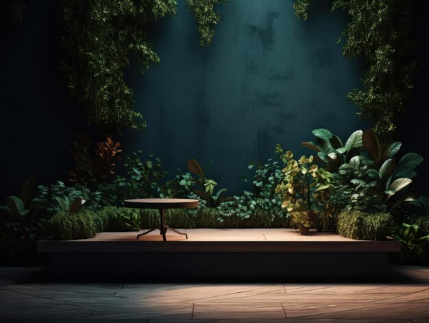 Kosmetikprodukt Werbestand Ausstellung Holzpodium auf grünem Hintergrund mit Blättern und sha