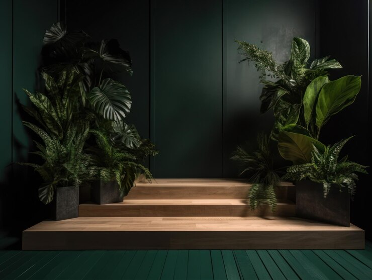 Kostenlose Foto kosmetikprodukt werbestand ausstellung holzpodium auf grünem hintergrund mit blättern und sha