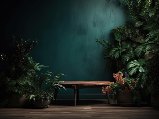 Kosmetikprodukt Werbestand Ausstellung Holzpodium auf grünem Hintergrund mit Blättern und sha